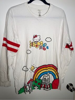 Box Lunch Hello Kitty White Long-Sleeve Tee with Rainbow & Airplane Graphic L